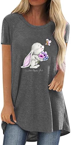Женски симпатични графички кошули зајаци писмо печати тркалезен врат со кратки ракави врвни лесни лабави скриени стомачни туники