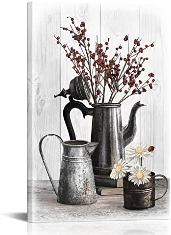 Сајпејкер голема рустикална фарма куќа цветна платно wallидна уметност гроздобер Дејзи цвет во шише земја стил слика за кујна кујна