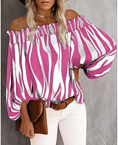Женски обичен шарен печати секси со шифон кошула со долги ракави со еден рамо