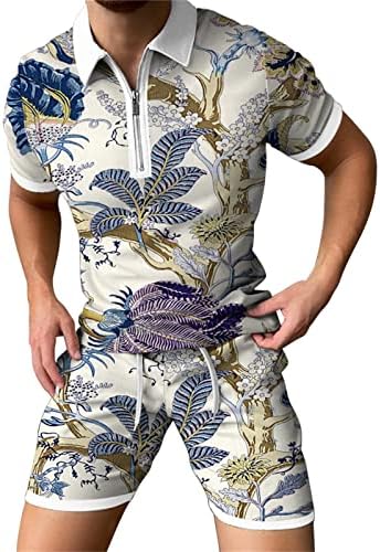 4Zhuzi Men Sports Suit, 2 парчиња облека летни обични екипаж вратот кратки ракави Поло кошули и шорцеви за спортска облека
