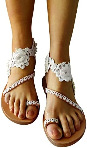 Сандали жени облечени летни чипка цветни рамни бисери сандали дами обични тркалезни пети затворени сандали Елегантни чевли