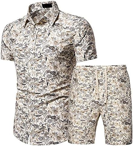 Weuie Business Suit Men Slim Slim Moin's 2-парчиња кошули печатени летни кратки и шорцеви на плажа поставува панталони ракав