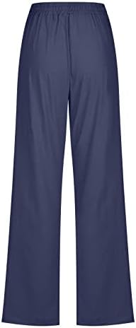 Памучни постелнини панталони за жени случајни влечење еластични половини со цврста нога цврсти панталони меки удобни панталони со џебови со џебови