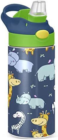 Кигаи симпатични животни Детско шише со вода со слама, БПА бесплатно, вакуум од не'рѓосувачки челик 12oz Изолирана искривена колба Детска термос