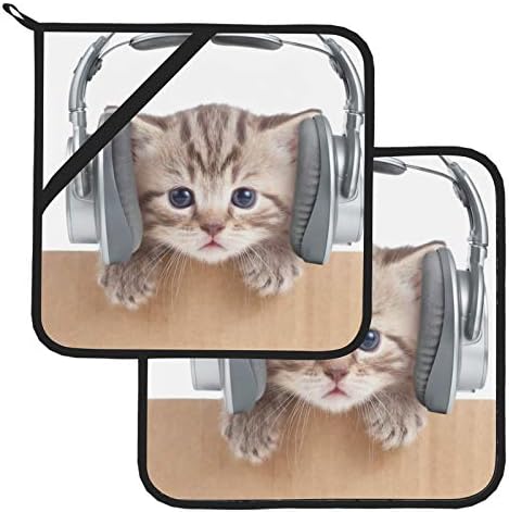 Слушалки музика мачка животинска кујна топли влошки отпорни на топлина држачи за садови кујнски сет 2 парчиња топлинска мат 8 × 8