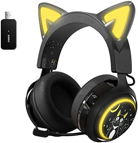 SOMIC GS510 Слушалки За Уши За Мачки Безжични Слушалки За ИГРИ ЗА PS5/ PS4/ КОМПЈУТЕР, Слатки Слушалки 2,4 G Со Микрофон Што Се Повлекува, 7,1 Стерео Звук, 8 часа Играње, RGB Осветлу