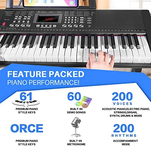 Камид 61 клуч тастатура Пијано за почетници со звучници, дигитален штанд за пијано, клупа, слушалки, микрофон, налепници и демо песни