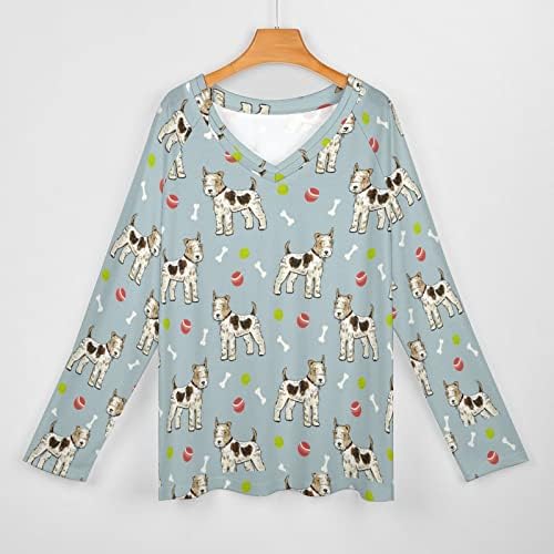 ФОКС Териер куче шема женска кошула со долг ракав преголем пулвер против маица на вратот Обични врвови трендовски облека