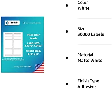 Етикети со папка со врвни етикети со етикета - 3,4375 x .667 - компатибилен со ласер/инк -џет -, 100 листови - 3000 налепници за вкупно лепило
