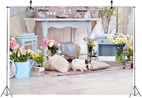 Белеко 20x10ft ткаенина пролет Велигденска фотографија позадина затворен простор Декор сина дрвена мебел перничиња со цвеќиња цвеќиња зајаче зајаци за зајаци, позад?