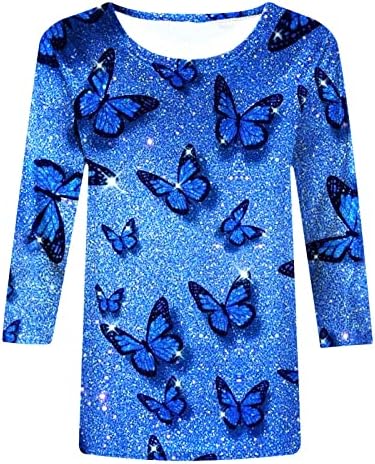 Девојки графички врвен летен есен моден долг ракав 3/4 ракав екипаж памук салон лабава фит блуза за жени 87