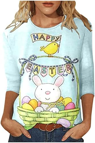 Women'sенски 3/4 ракав за зајак печати велигденски јајца маица удобни обични врвови за тинејџерки летни екипи на вратот од маички блузи
