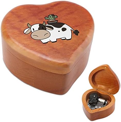Крава и цвет кактус гроздобер дрвена часовна музичка кутија музичка кутија во форма на срцеви подароци за семејни пријатели на