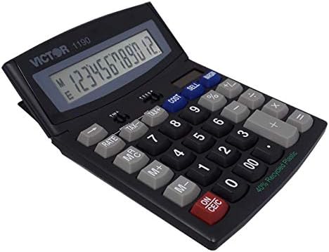Виктор 1190 12-цифрен стандарден калкулатор за десктоп, батерија и соларна хибридна моќност на навалување LCD дисплеј, големи клучеви,