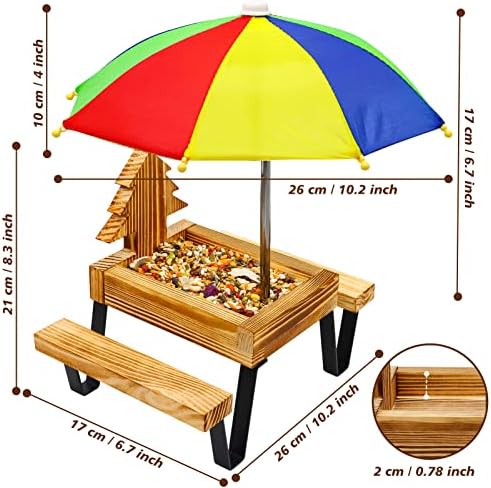 Фидер за верверица, фидер за пикник за пикнување на верверица за надвор со чадори клупи карбонизирана дрвена птица чипманк фидер пикник