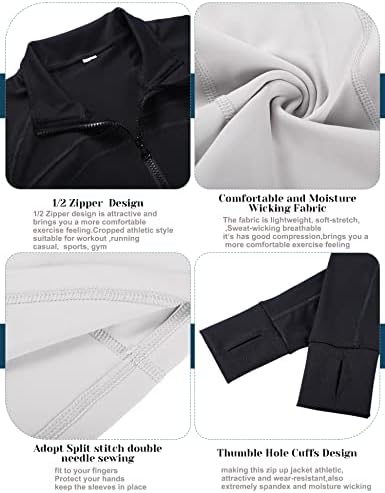 Neer 2 Пакувајте јакни со долги ракави за жени, 1/2 zip pullover yoga култури врвови тенок вклопување на врвот со дупки со палецот