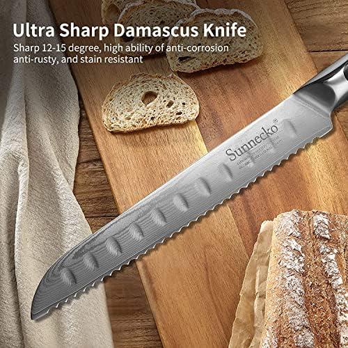 Нож за леб од суницко 8 инчи, засилен нож за леб за домашен леб со челично сечило VG10 Дамаск, јапонски нож за леб со G10 рачка Најдобра нож
