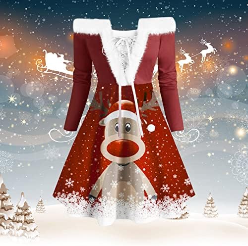 Женски Божиќни фустани обични Божиќни печатени гроздобер забава со чипка фустан за жени