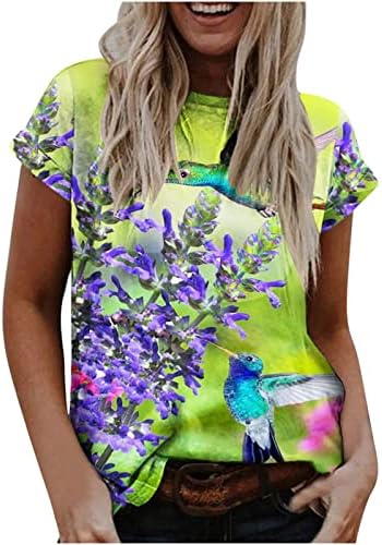 Жените Колибри Печатење Маица Блузи Краток Ракав О-Вратот Обични Облечени Блузи За Хеланки Пуловер Летни Кошули