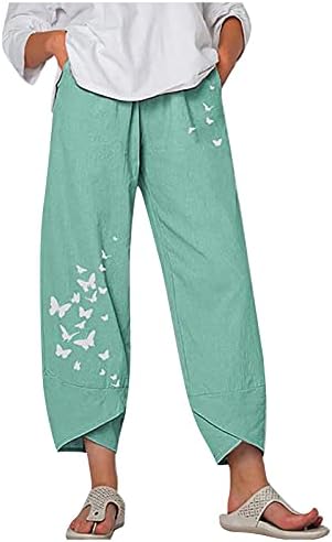 Капри панталони за жени памучни постелнини широки нозе каприс лето пеперутка цветни печати плажа еластична половината бања исечени