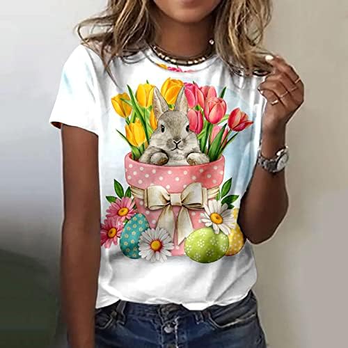 Дами Велигденски ден летни врвови слатки зајаци зајаче графички маици со краток ракав, обичен лабав екипаж пуловер