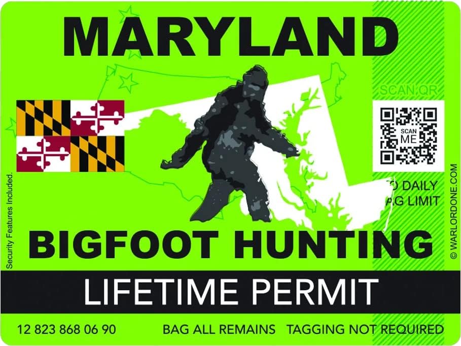 Дозвола за лов на Мериленд Бигфут, налепница за самостојно лепење на винил сасквач - C3290 - 6 инчи или 15 сантиметри со големина