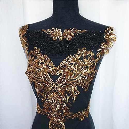 Pdgjg 1 сет црна црна ласкава златна секвеин везена ткаенина ткаенина тасела кралска благородна венчаница за венчавка Апликација лепенка јака фустан