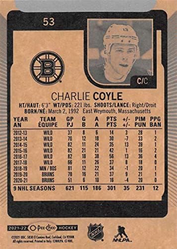2021-22 O-Pee-Chee #53 Charlie Coyle Boston Bruins Официјална хокејска картичка NHL од горната палуба во сурова состојба