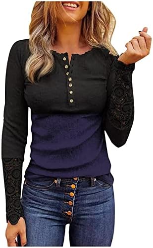 Narhbrg Tie Dise Dyone долги ракави врвови за женски обични кошули Хенли кошули надолу со блузи омбре ребрести плетени маици