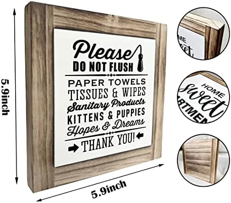 Смешен знак за плоча од дрво од тоалетот, не испуштајте хартиени крпи мачиња, кутии дрвени плакети декора 5,9 × 5,9 × 0,7inch, знак