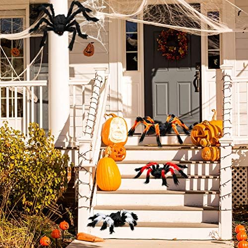 Ноќта на вештерките пајаци Декорации Реална црна плишана застрашувачка пајак веб -сет, 4 парчиња лажни шарени пајаци со плашлив Ноќта