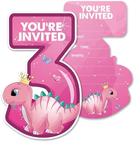 Симпатични покани за 3-та забава со розови диносаури со пликови, 20 сетирани девојки диносаурус три во форма на покани Трети роденден