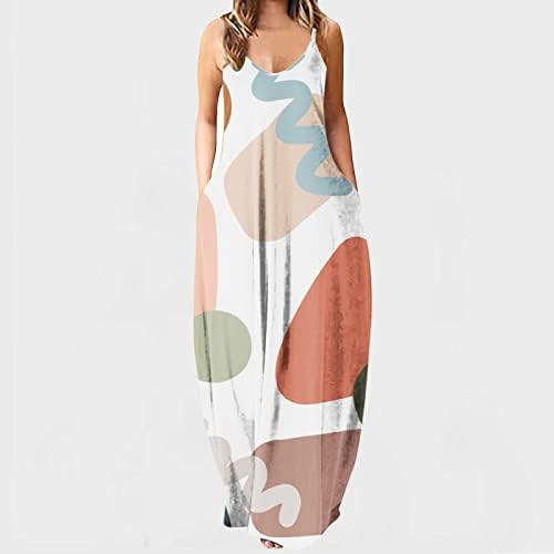 Летен фустан за жени 2023 Обичен симпатичен печатен шпагети каиш V вратот без ракави лабав макси туничен фустан