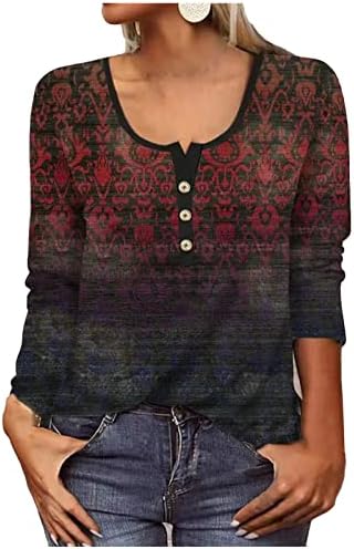 Blенски блузи и врвови облечени нови у-вратот моден печати со долги ракави маица тенок врвни врвови на блузи