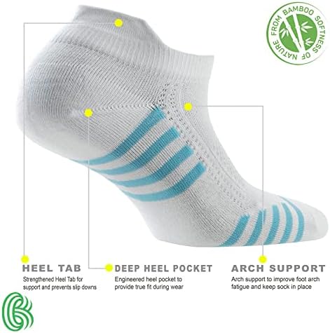 Женски бамбус тенки атлетски перформанси на атлетски перформанси, чорапи со низок удобност, абсорбентиран чорапи 6 пара, големина 6-9