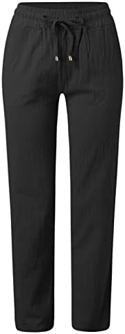Qaziuy женски обични панталони 2023 памучни постелнини директно влечење на ногата еластична висока половината удобни панталони со џебови