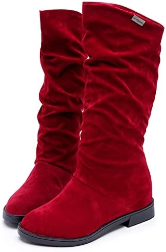 Women'sенски колено високо велур велур бучен блок -потпетица мода зимски чизми рамни тркалезни пети влечење на обични чизми женски