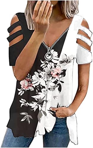 Летна маица за жени за жени Zipper v вратот ладно рамо на рамото на врвот на цветните печатени лабави блузи Туника на врвови