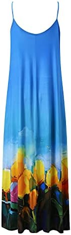 IQKA жени макси фустан шарени долги фустани за туника без ракави V вратот лето секојдневен џебен фустан вестидос