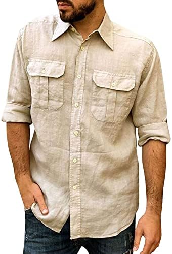 Маж со долги ракави од памук летна летна плажа копче надолу со кошули со работа, обични редовни врвови на кошула со џеб