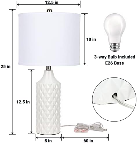 Керамички табели ламби сет од 2, бела модерна ламба во кревет 25 ноќна ламба 3-насочна затемнета ламба за спална соба дневна соба крајна