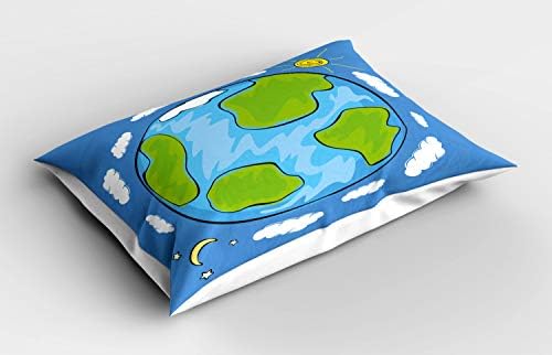 Ambesonne Earth Pillow Sham, Детско цртање на планетата Земја опкружена со облаци Ден и ноќен циклус, декоративна стандардна големина печатена