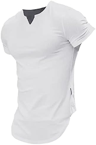 2023 Нови мажи обични кратки ракави пролетно лето V вратот цврсти маички модни врвни кошули со блузи со еден џеб