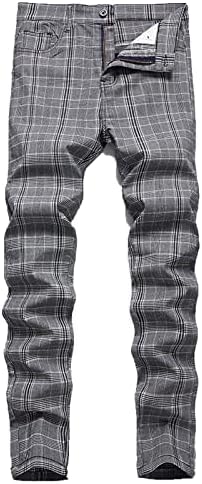 Панталони за мажи случајни карирани печатени панталони висока еластичност плус тенок фитинг панталони со целосна должина панталони