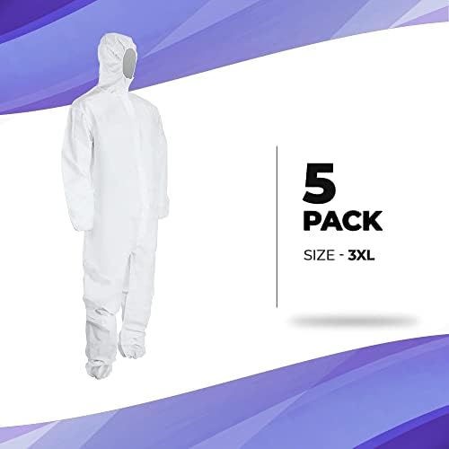 АМЗ медицинско снабдување за еднократна употреба за мажите, жените, 3x-големи, пакет од 5 бели хазмат костуми за еднократна употреба со