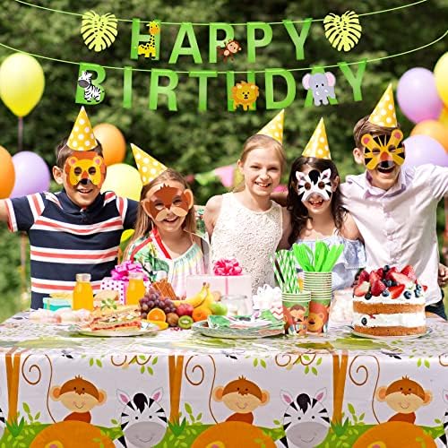 Управил за роденденска забава Tacgea Jungle Animals - Декорации за роденденска забава од 146 парчиња - плочи, чаши, салфетки, маски за забави