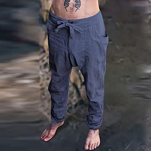 Машки обични памучни постелнини панталони за мажи кои влечат удобно мека еластична половината плажа јога панталони со џебови