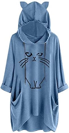 Бизнис со целосен ракав полиестерски кошули жени случајни удобни врвни качулка мачка есен џеб неправилен