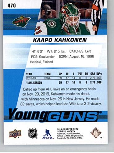 2019-20 Горна палуба 470 Каапо Кахконен Млади пиштоли РЦ РЦ ДОЦИЈА Минесота дива картичка за трговија со хокеј во хокеј
