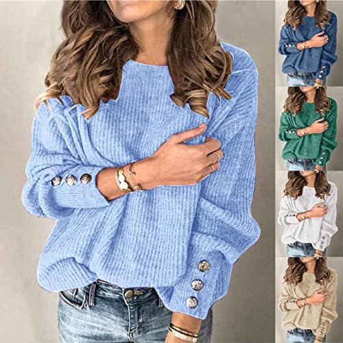 Преголеми џемпери за жени, женски долги ракави плетени џемпер за џемпер лабава пулвер врвови деко со метално копче